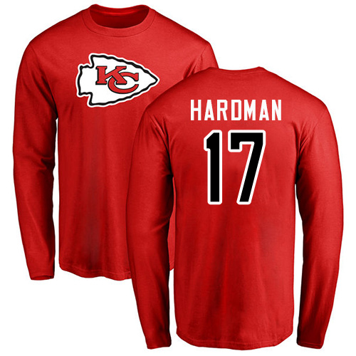 Men Kansas City Chiefs #17 Hardman Mecole Red Name and Number Logo Long Sleeve T-Shirt